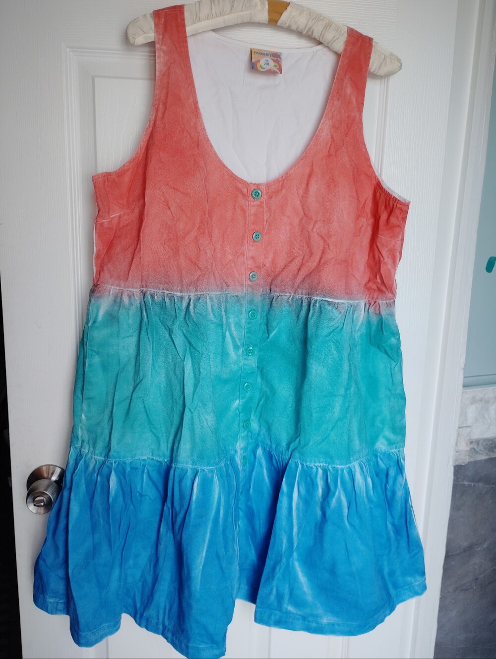 Tie-Dye Sleeveless Button Front Dress in Coral, Aqua & Blue Mokoyubi NWOT 2xl